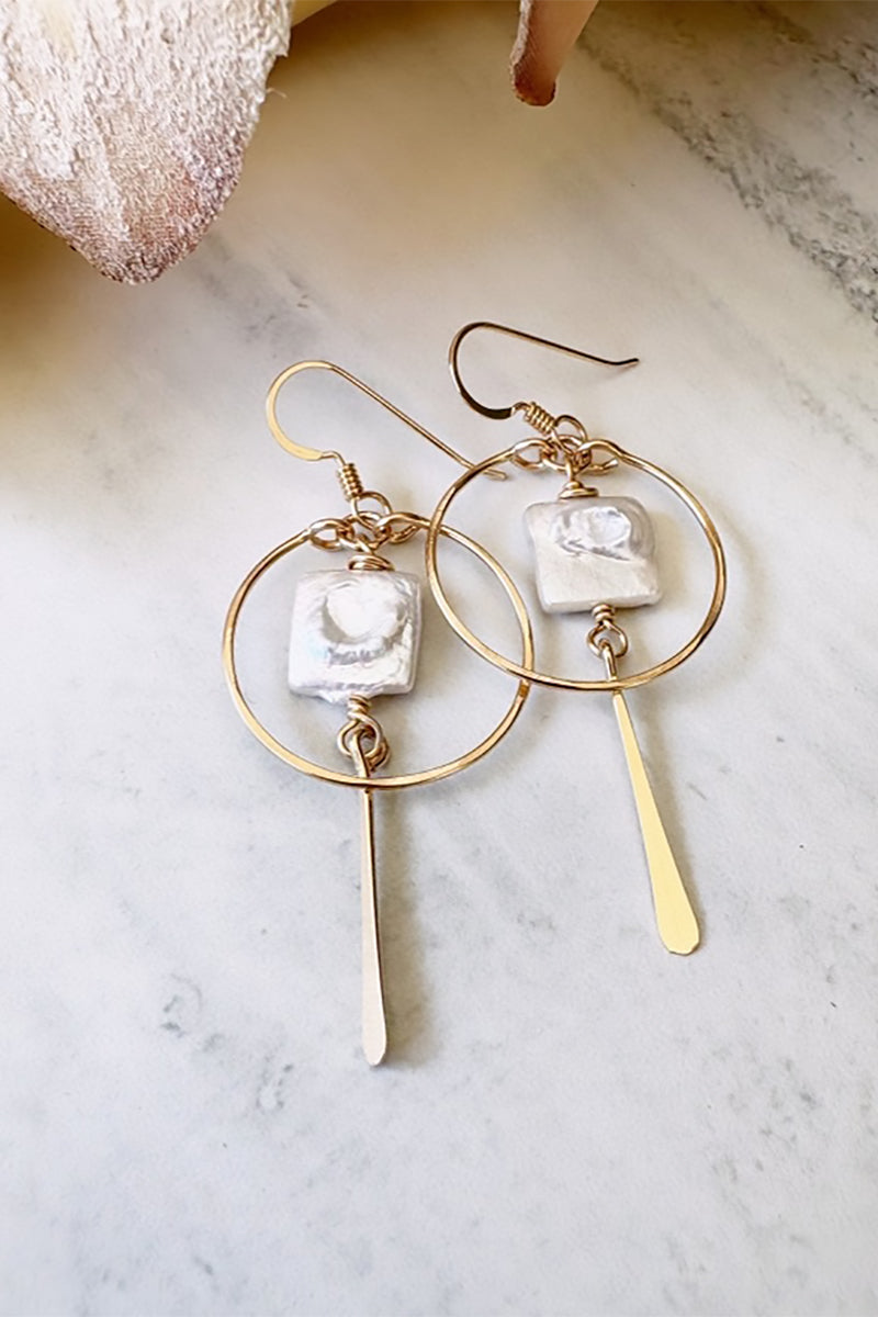 Quinn Sharp Handmade - Small Hoop Square Pearl Dangle in Gold