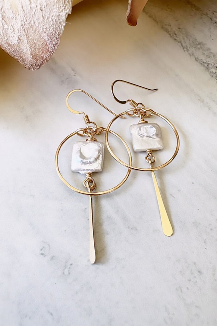 Quinn Sharp Handmade - Small Hoop Square Pearl Dangle in Gold