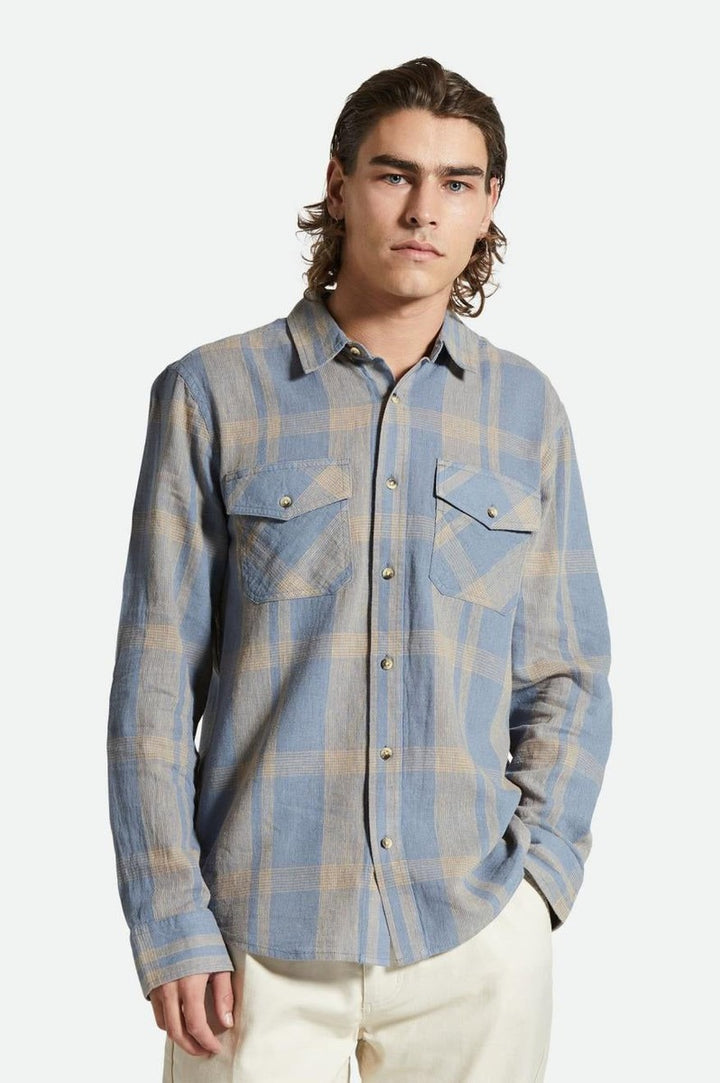 Brixton - Memphis Linen Blend Long Sleeve Shirt in Flint Stone Blue/Sand