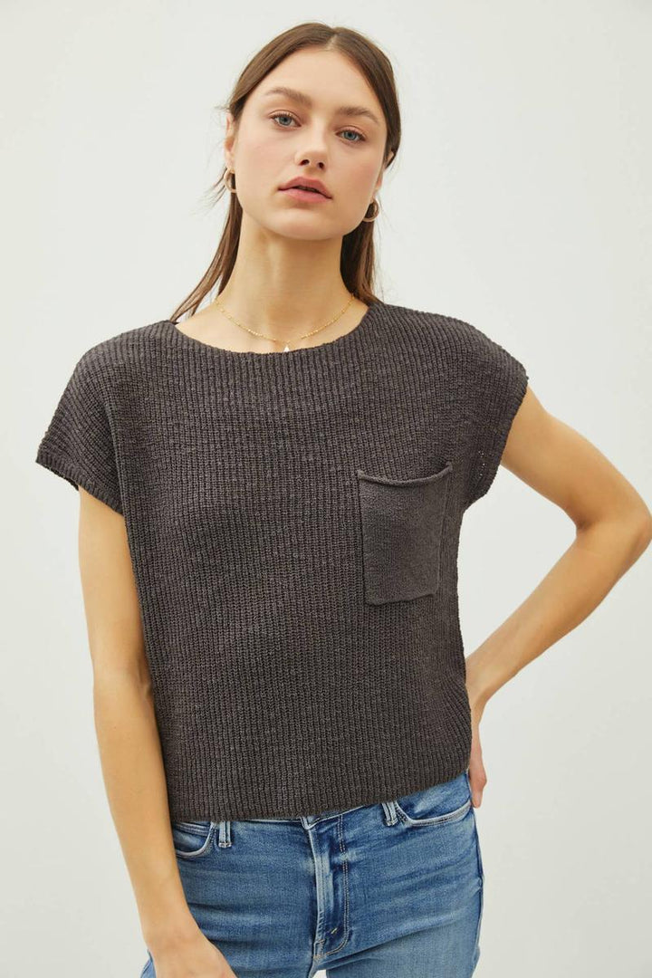 Be Cool - Patch Pocket Dolman Cap Sleeve Boxy Knit in Dark Charcoal