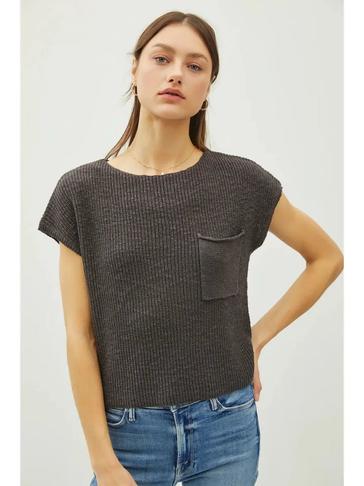 Be Cool - Patch Pocket Dolman Cap Sleeve Boxy Knit in Dark Charcoal