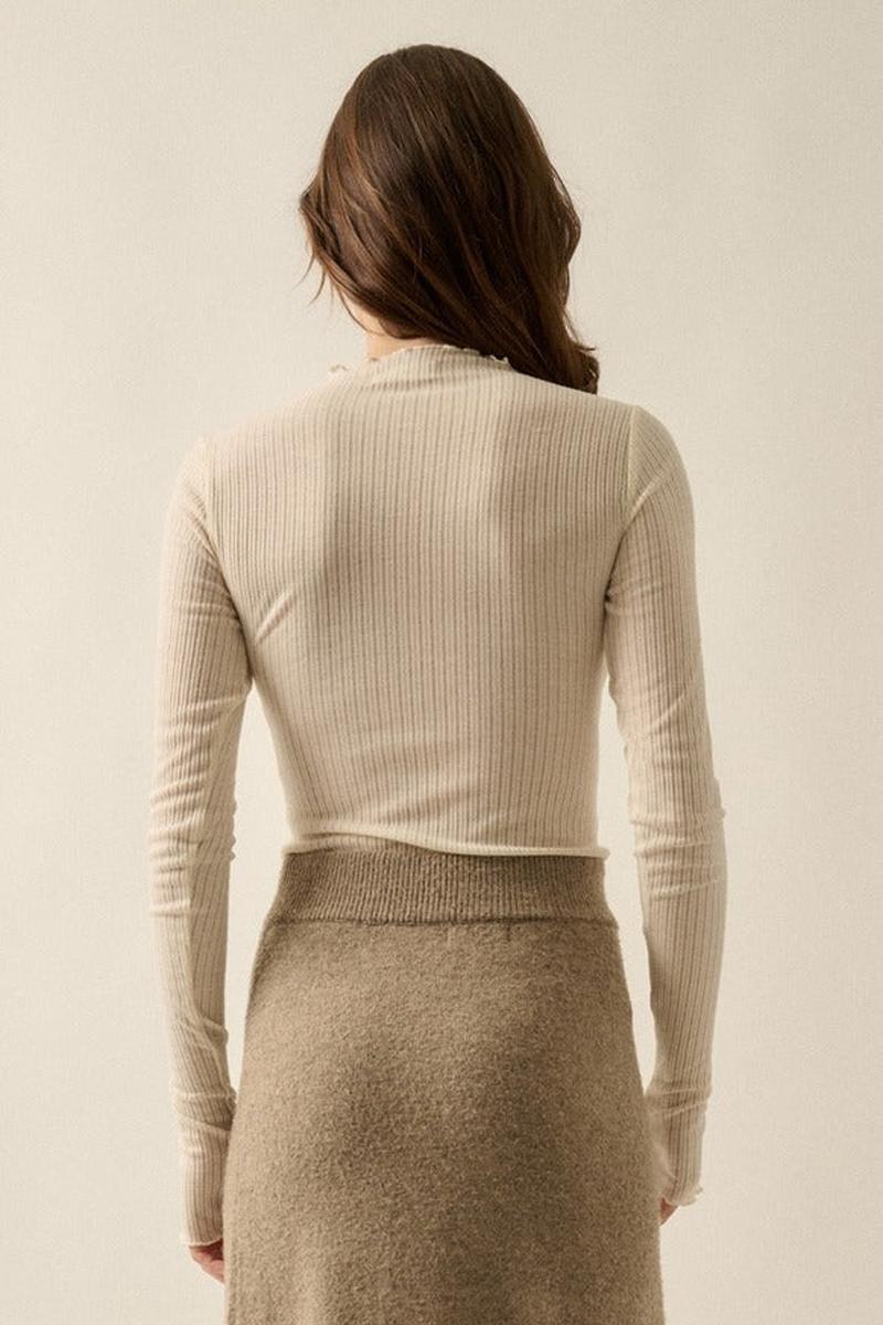 Promesa USA - Semi-Sheer Ribbed Knit Mock-Neck Long-Sleeve Thumbhole Top