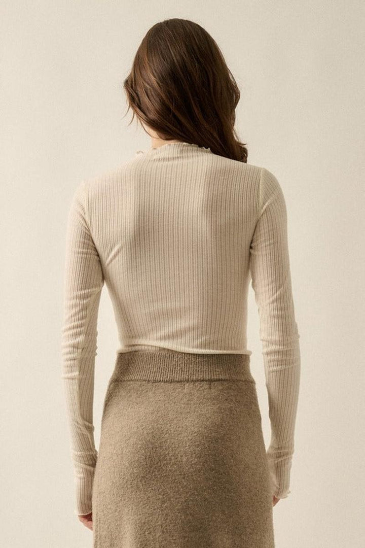 Promesa USA - Semi-Sheer Ribbed Knit Mock-Neck Long-Sleeve Thumbhole Top