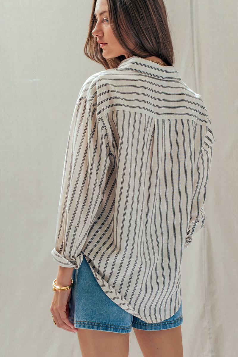 Urban Daizy - Striped Linen Blend Button Up Shirt in Natural
