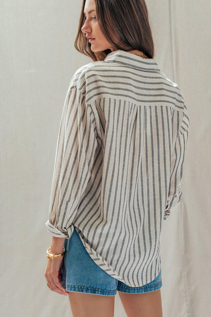 Urban Daizy - Striped Linen Blend Button Up Shirt in Natural