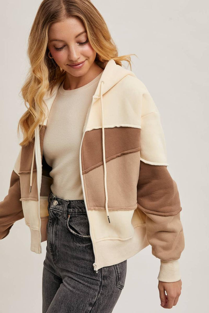 Bluivy - Zipper Front Patchwork Landscape Hoodie in Mocha Combo