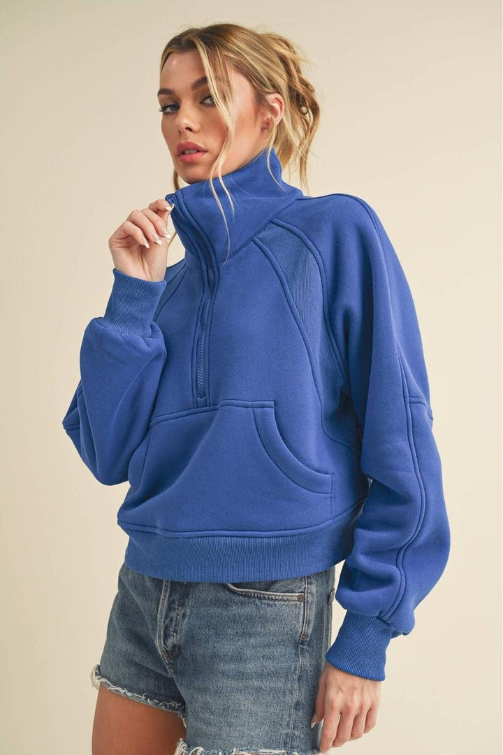 AEMI + CO - Dove Funnel Neck Half Zip in Cobalt