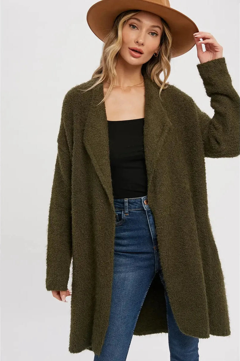 Bluivy - Soft Fuzzy Drape Front Cardigan in Olive