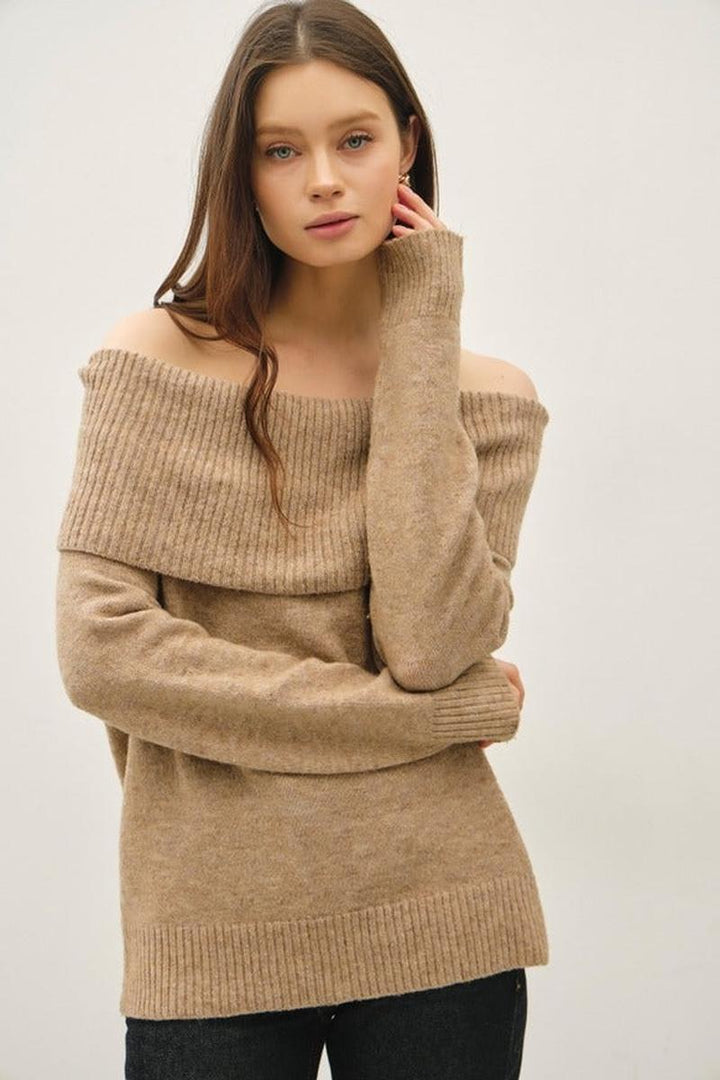 Be Cool - Roll Over Off the Shoulder Wool Blend Sweater in Taupe