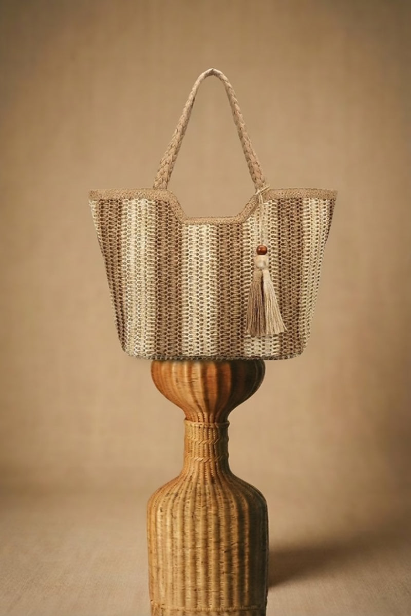 Urban Daizy - Striped Woven Straw Tote Bag with Tassel