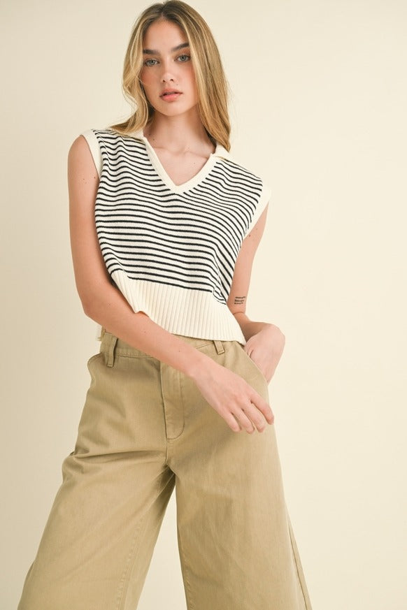 MIOU MUSE - V-Neck Stripe Collar Knitted Top