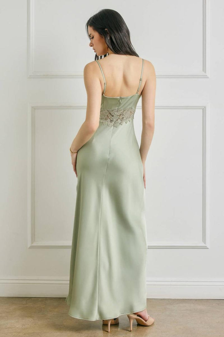 Dress Forum - Dull Satin Lace Detail Maxi Dress in Light Sage