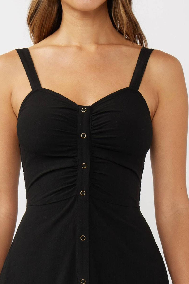 Lovestitch - V-Neck Ruched Button Down Maxi Dress in Black