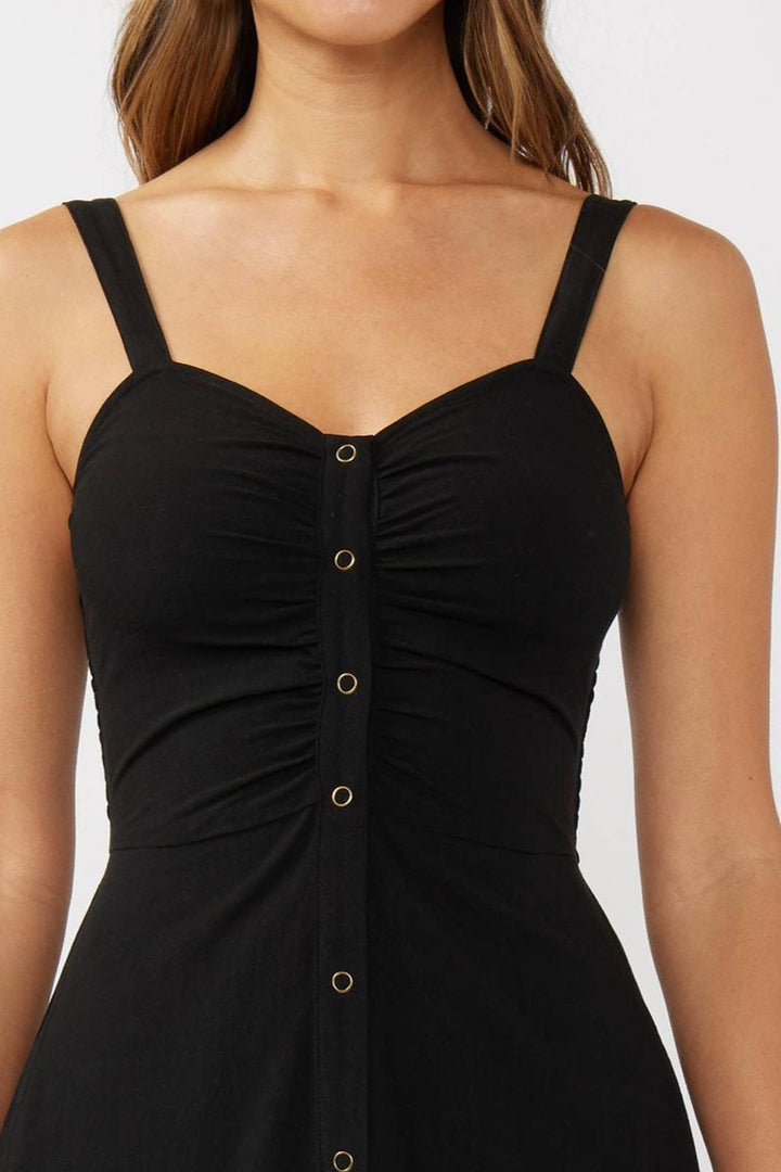 Lovestitch - V-Neck Ruched Button Down Maxi Dress in Black