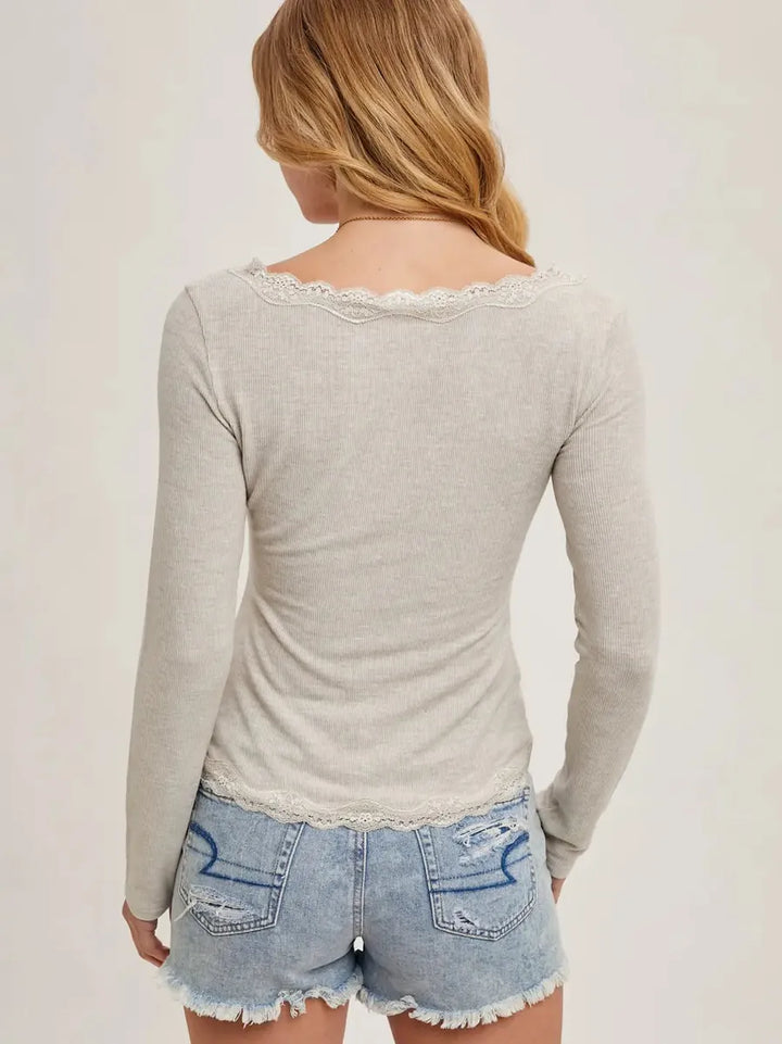 Bluivy - Button Down Lace Trimmed Knit Cardigan Top in Oatmeal