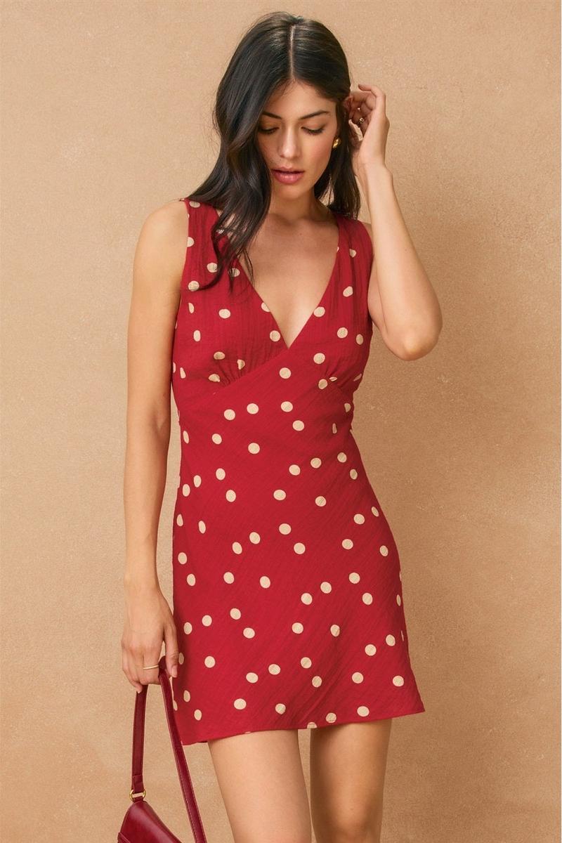Dress Forum - Polka Dot V Neck Shirred Bust Mini Dress in Red/Ivory