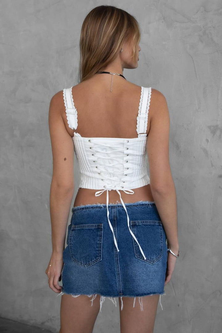 TICTOC - TILLA Sweetheart Neckline with Lace Trim Milkmaid Corset Top in White