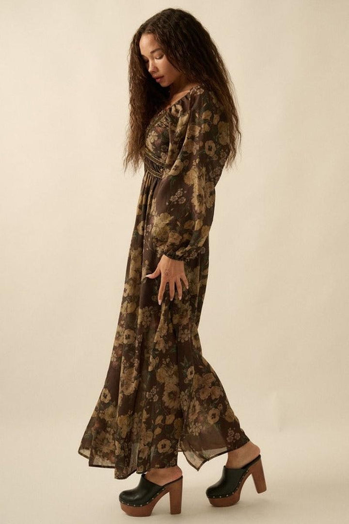 Promesa USA - Floral-Print Vlevet-Trimmed Maxi Peasant Dress in Chocolate