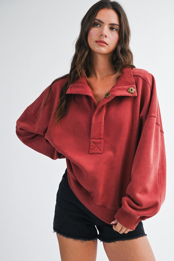 AEMI + CO - Oversized Snap Neck Pullover Sweatshirt