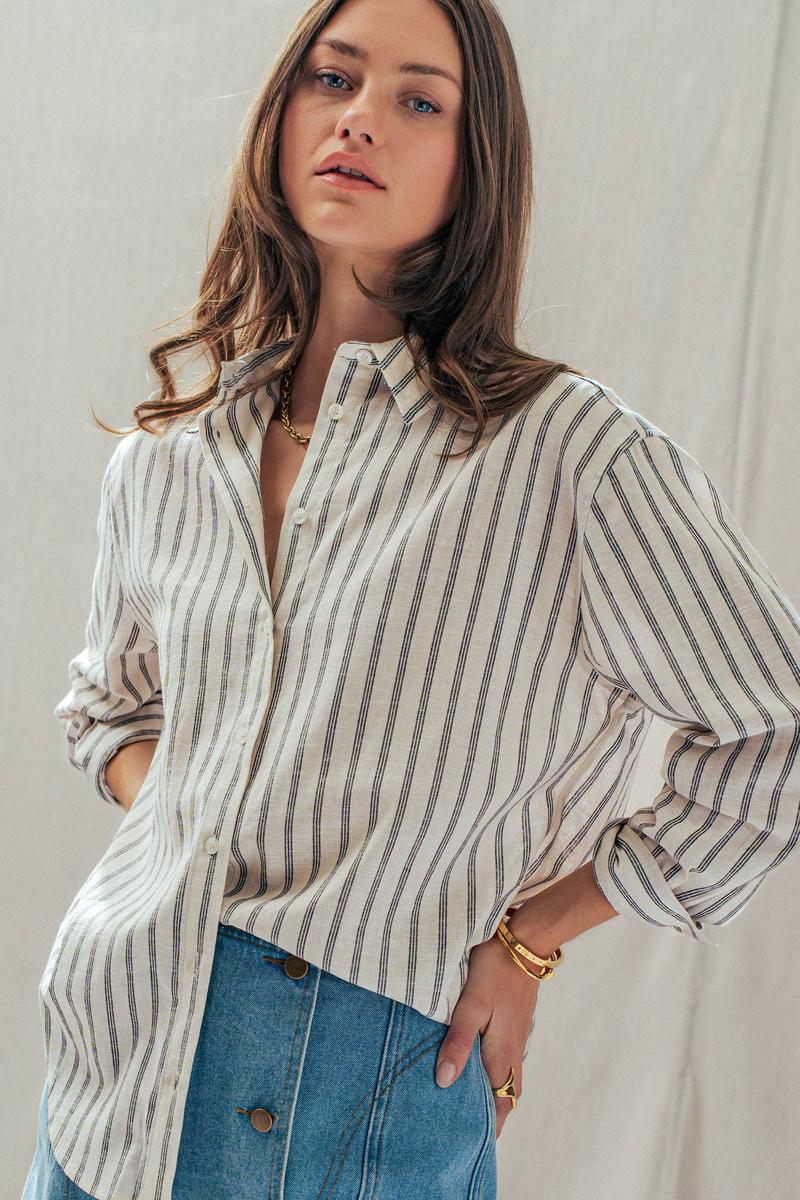 Urban Daizy - Striped Linen Blend Button Up Shirt in Natural