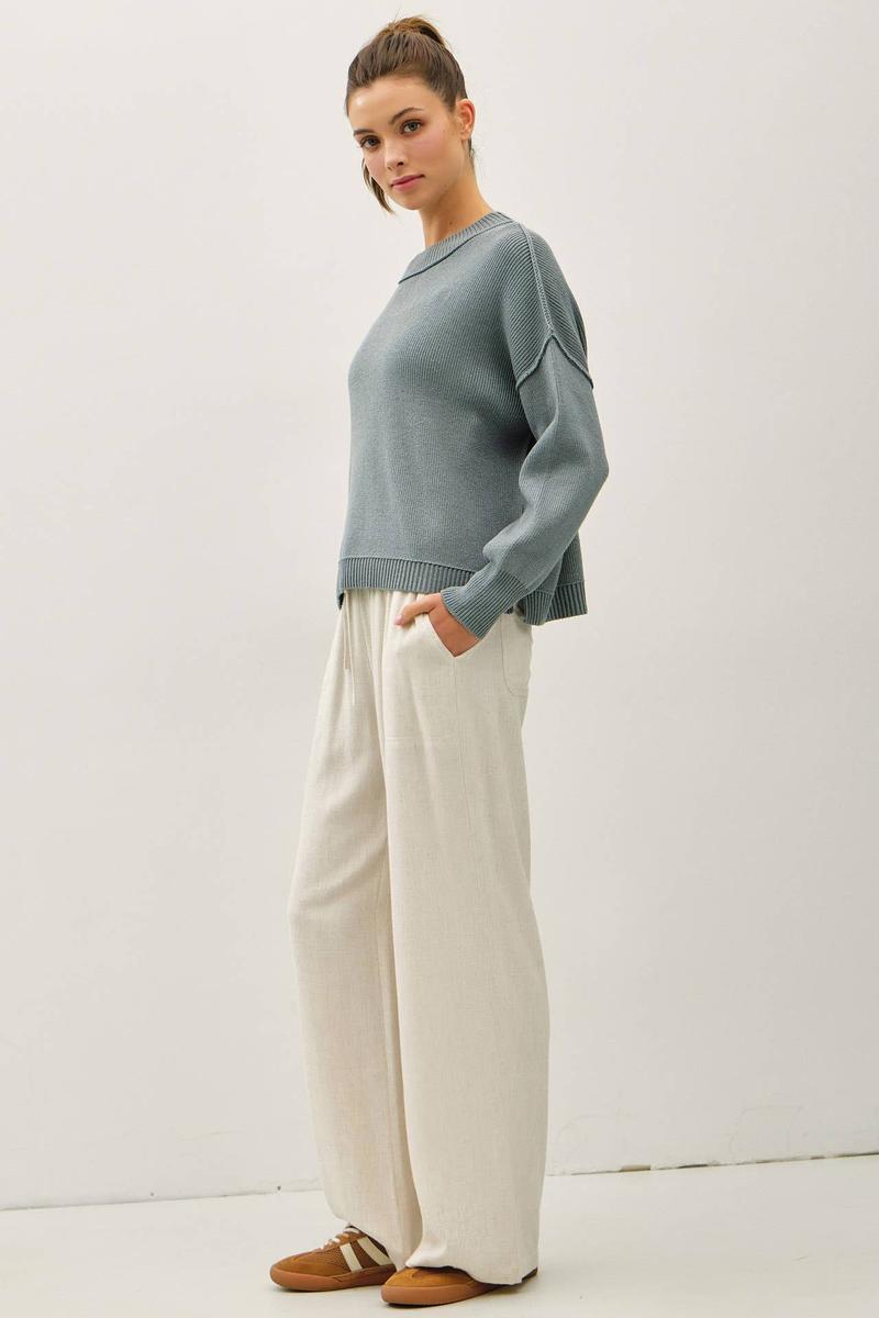 Be Cool - Ribbed Knit Sweater With Raw Seam in Teal