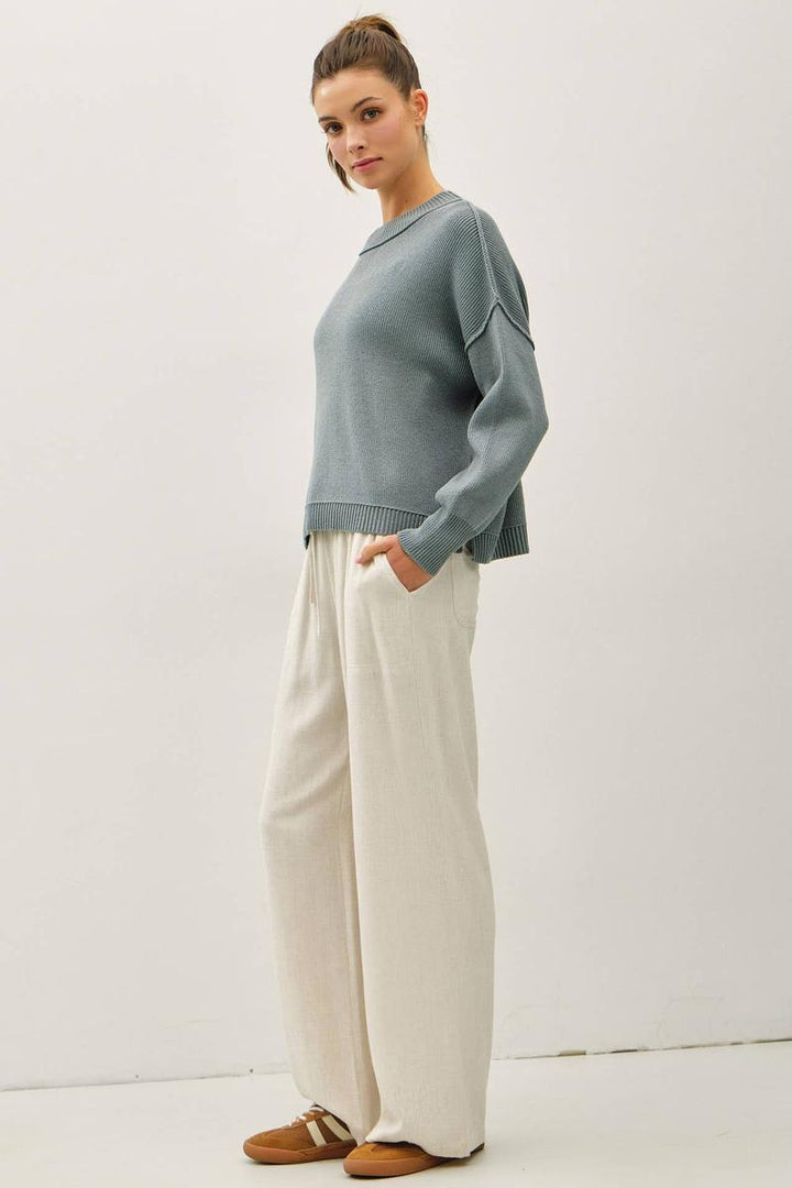 Be Cool - Ribbed Knit Sweater With Raw Seam in Teal