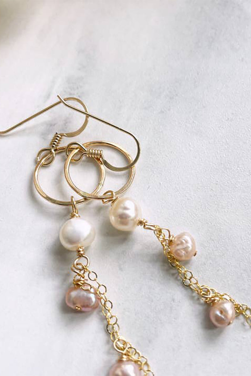 Quinn Sharp - Small Circle Hoop Pearl Chain Dangles in Gold