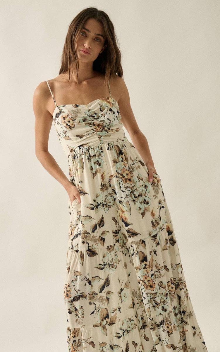 Promesa - Floral Crepe Wide-Leg Tiered Ruffle Cami Jumpsuit in Cream