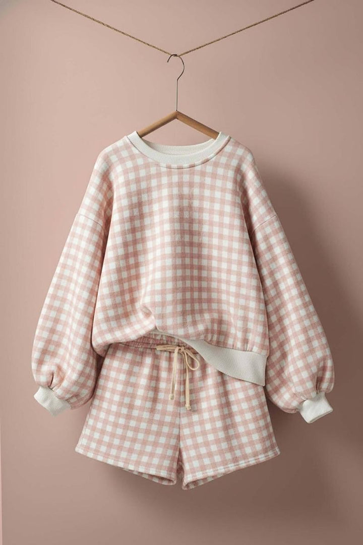 Urban Daizy - Gingham Fuzzy Knit Lounge Set in Pink