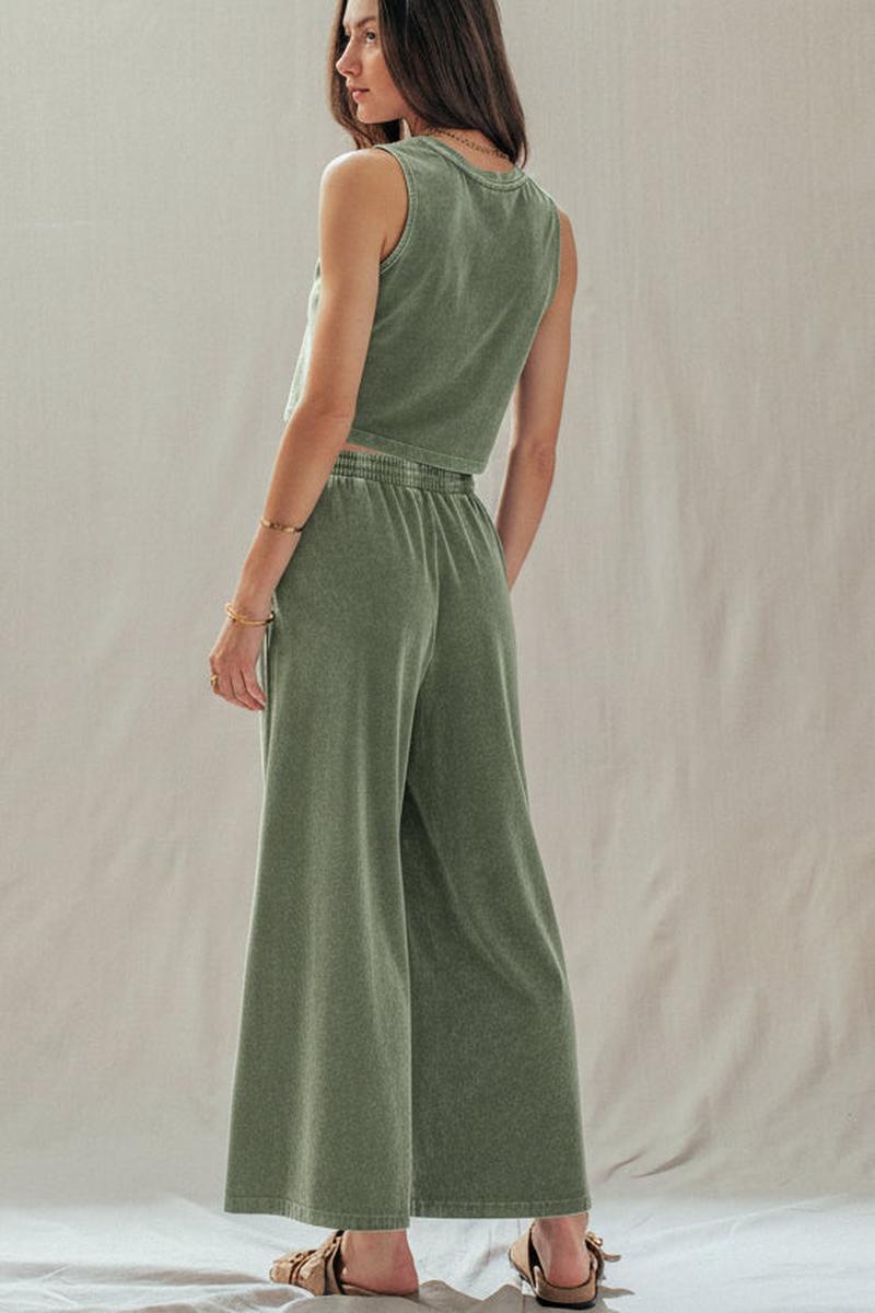 Urban Daizy - Mineral Wash Cotton Crop Tank & Wide Leg Pant Set in Sage Green
