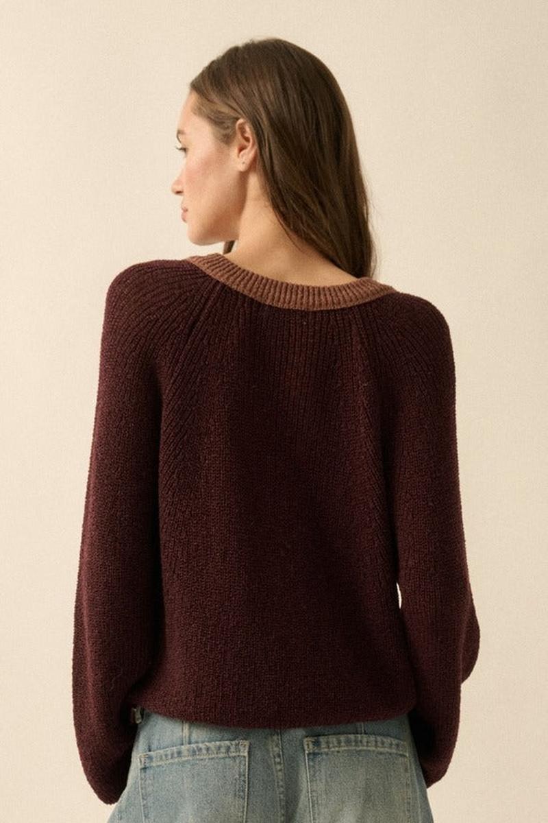Promesa USA - Ribbed Knit Contrast Cardigan Sweater in Burgundy
