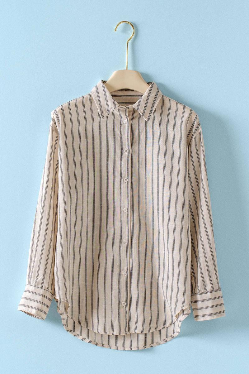 Urban Daizy - Striped Linen Blend Button Up Shirt in Natural