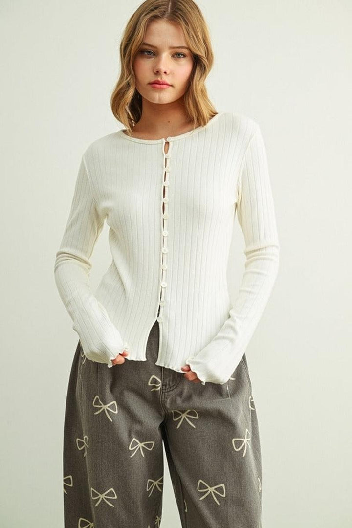 MIOU MUSE - Button Front Ribbed Long Sleeve Knitted Top in Cream