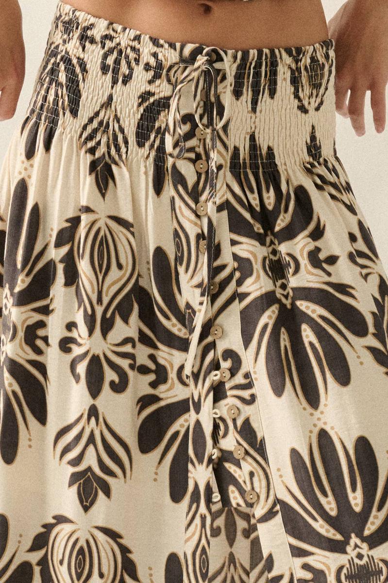 Promesa USA - Ornate Floral-Print Button-Front Drawstring Maxi Skirt