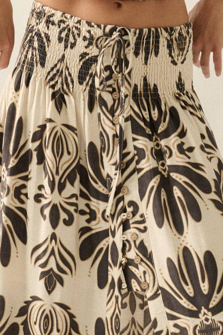 Promesa USA - Ornate Floral-Print Button-Front Drawstring Maxi Skirt
