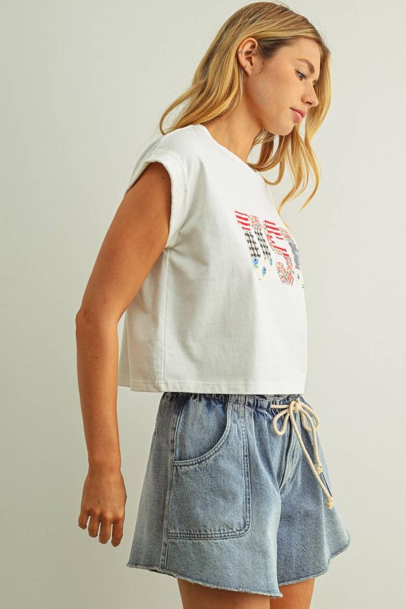 Miou Muse - USA Floral Patchwork Tee in White