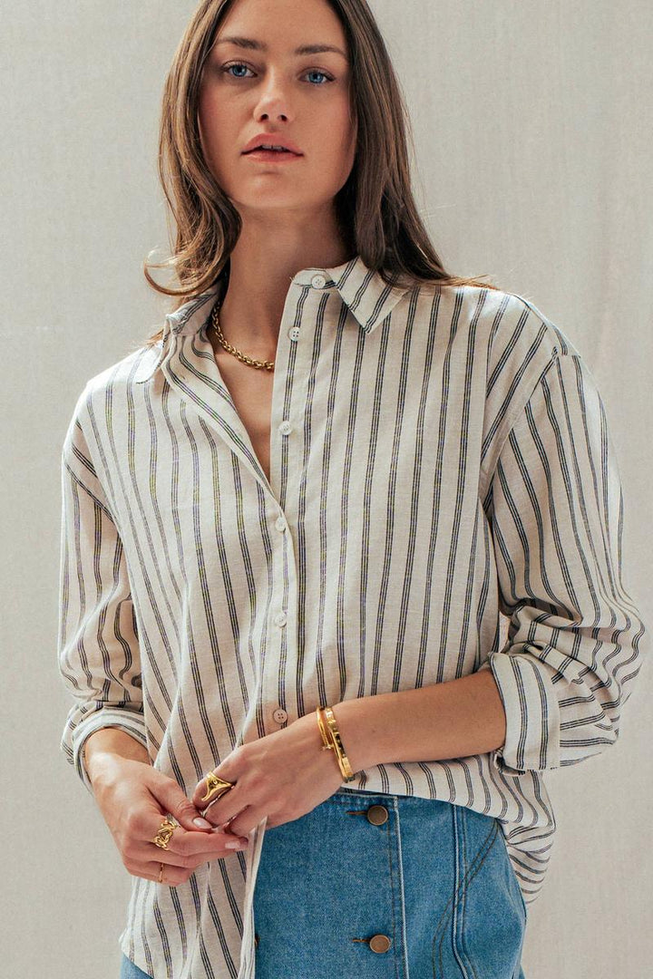 Urban Daizy - Striped Linen Blend Button Up Shirt in Natural