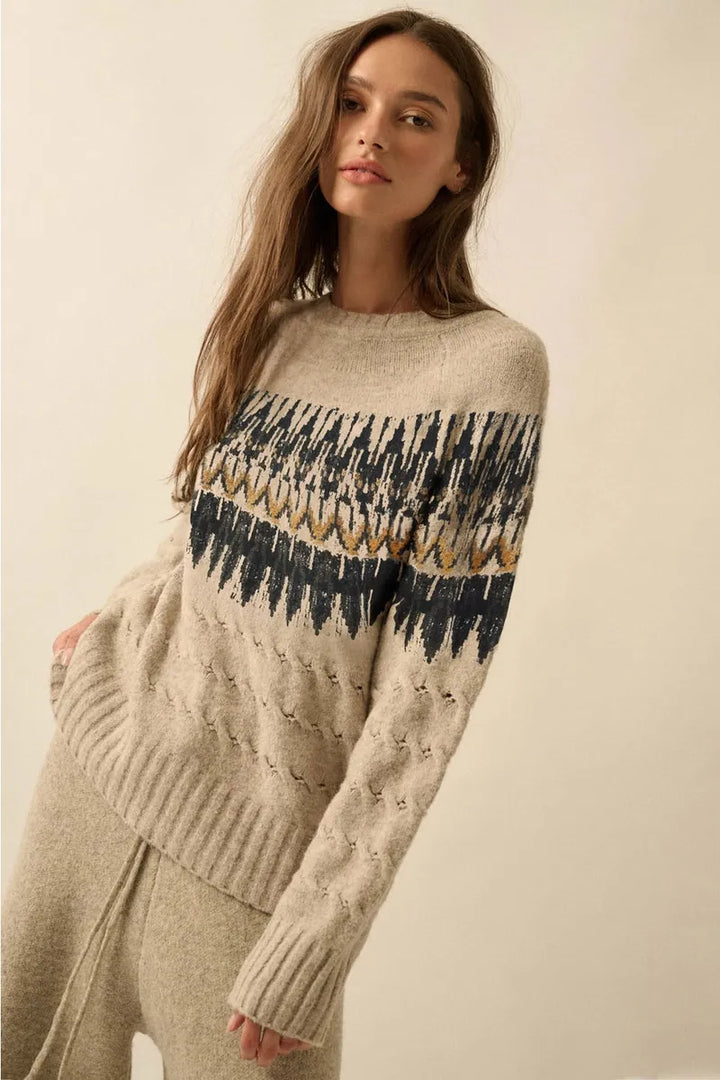 Promesa USA - Cable Knit Fair Isle Raglan-Sleeve Sweater in Oatmeal