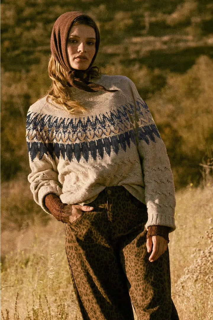 Promesa USA - Cable Knit Fair Isle Raglan-Sleeve Sweater in Oatmeal