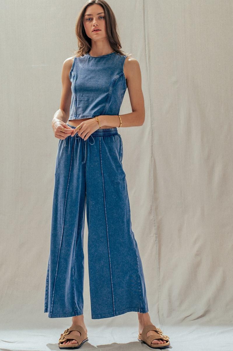 Urban Daizy - Mineral Wash Cotton Crop Tank & Wide Leg Pant Set in Navy