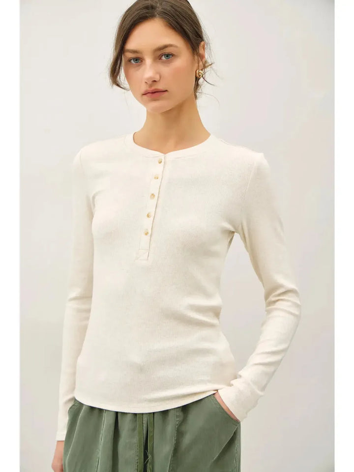 Be Cool - Modal Classic Ribbed Longsleeve Henley Basic Top in Oatmeal