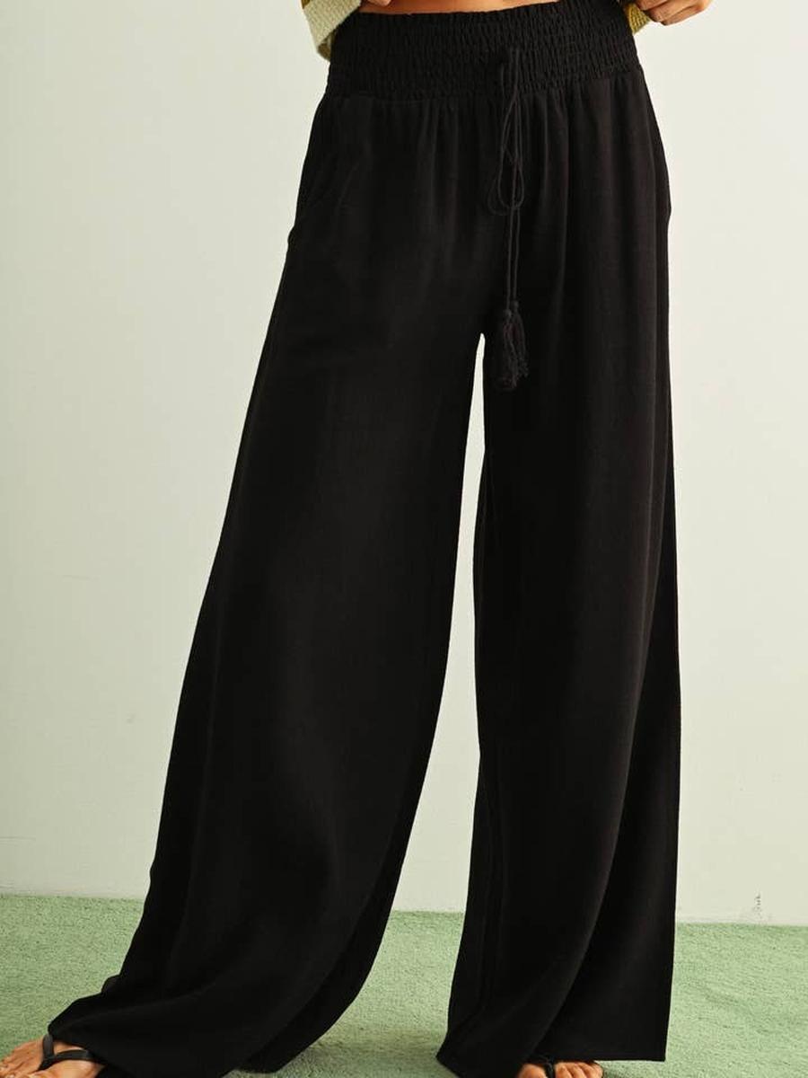 MIOU MUSE - Cotton Linen Smocked Waist Pants with Tassel in Black