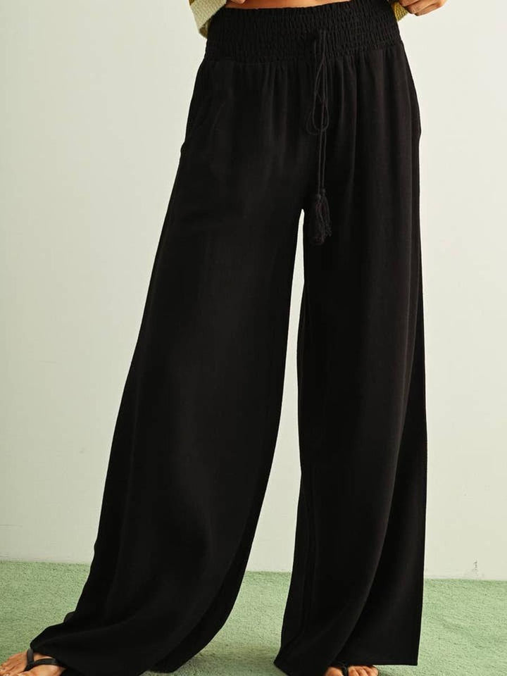 MIOU MUSE - Cotton Linen Smocked Waist Pants with Tassel in Black