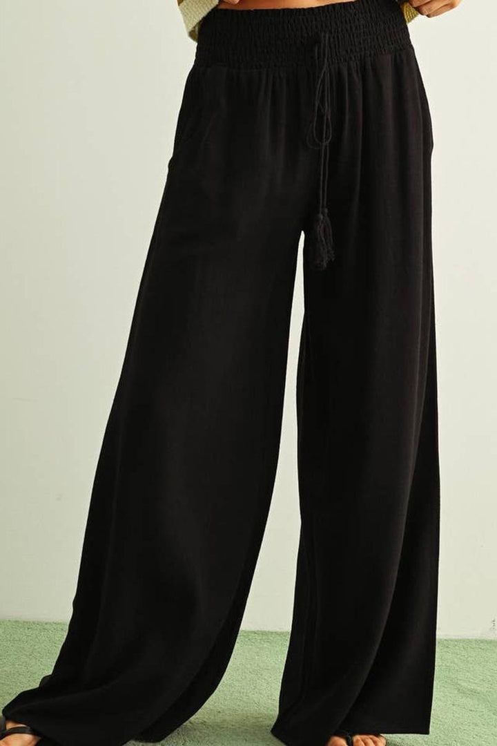 MIOU MUSE - Cotton Linen Smocked Waist Pants with Tassel in Black