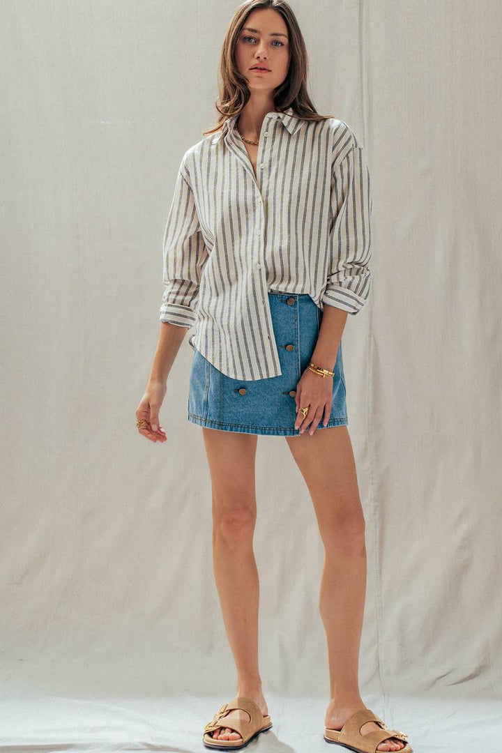 Urban Daizy - Striped Linen Blend Button Up Shirt in Natural