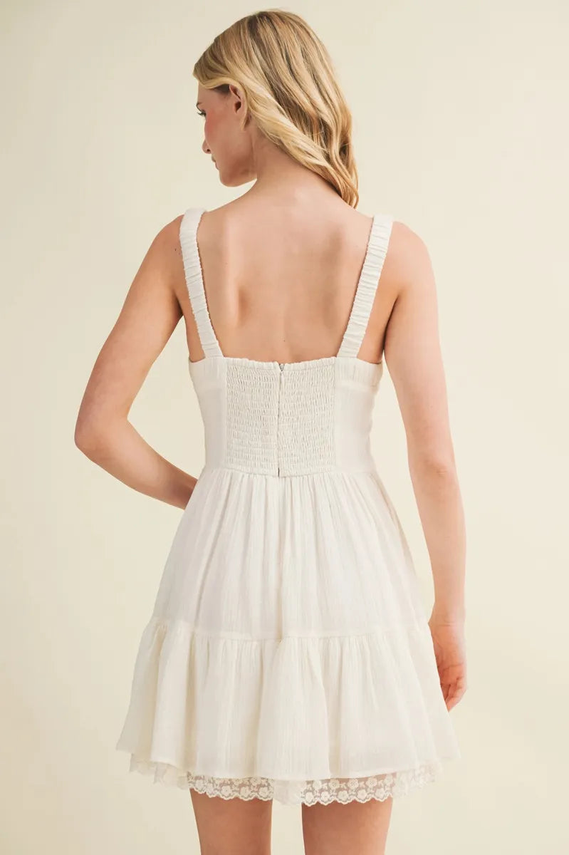 Mustard Seed - Button Corset Tiered Lace Hem Dress in Vanilla