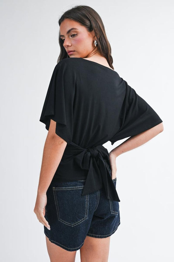 AEMI + CO - Draped Short Sleeve Back Tie Top