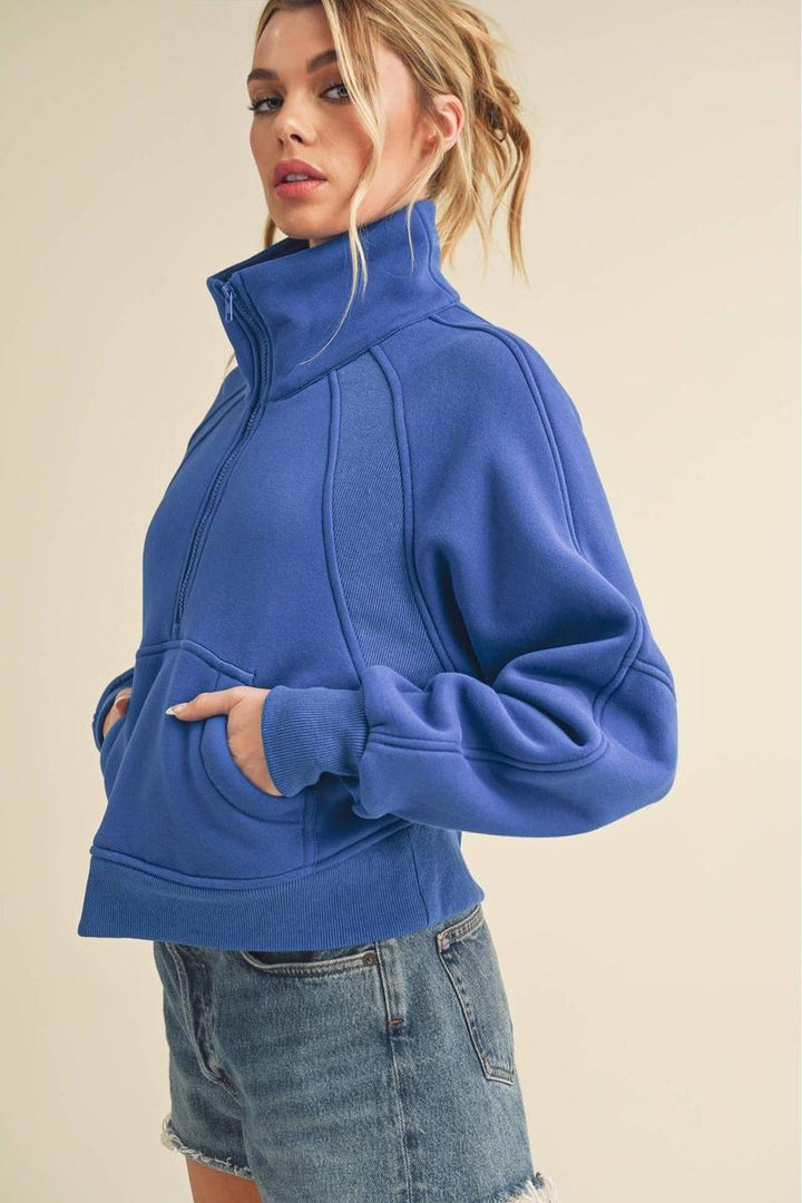 AEMI + CO - Dove Funnel Neck Half Zip in Cobalt