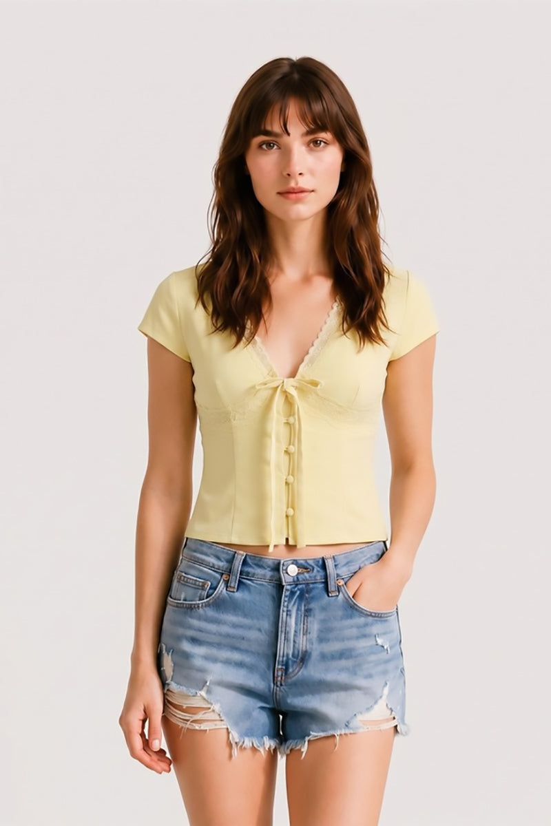 J LINE - Tencel Lace Trim Tie Front Top