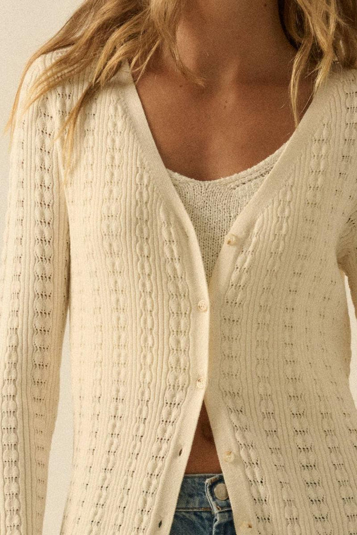 Promesa USA - Pointelle Rib-Knit Trumpet-Sleeve Duster Cardigan in Cream